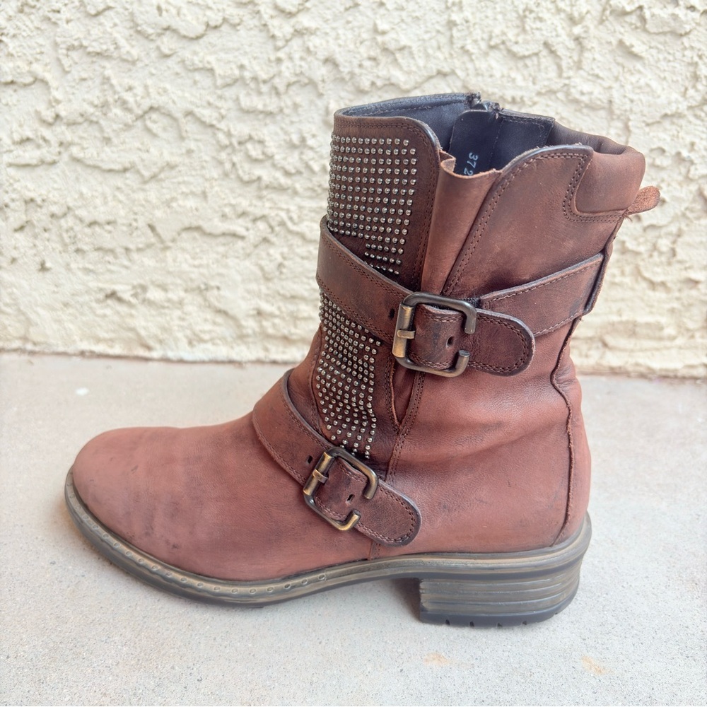 Paul Green Women's Size US 8 UK 5.5 Studded Buckled Brown Leather Moto Boots - Picture 3 of 10